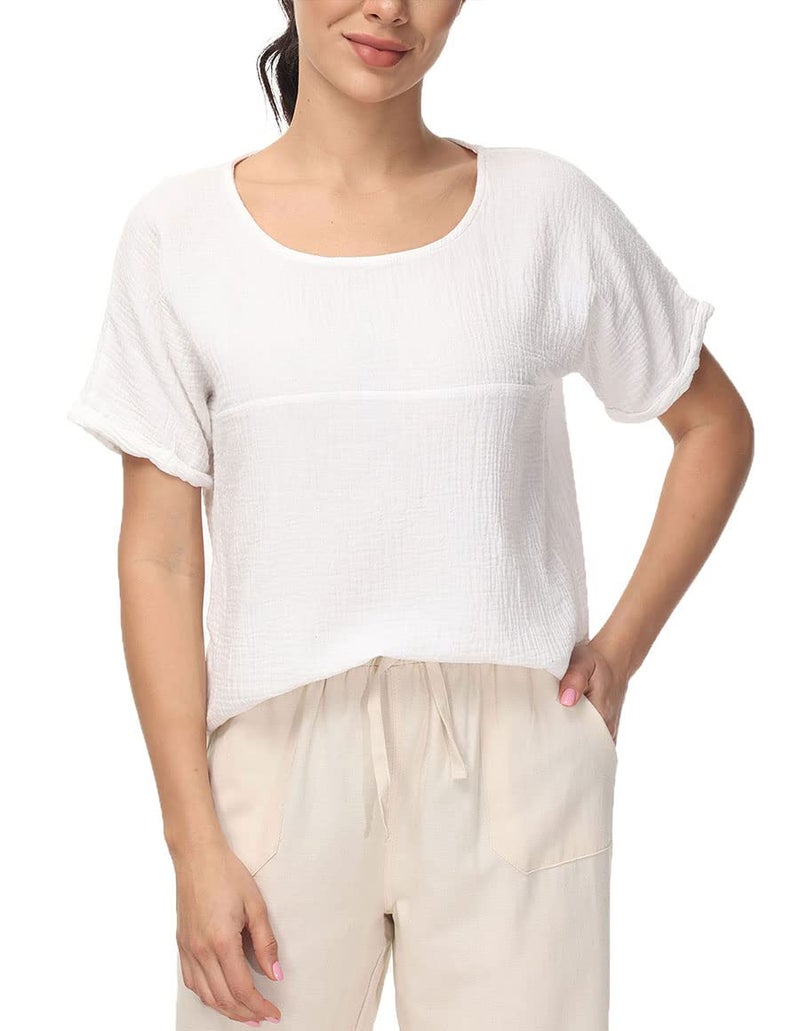 Soojun Women's Cotton Linen Round Collar Boxy Top Patchwork Blouses White, Small - Image 5